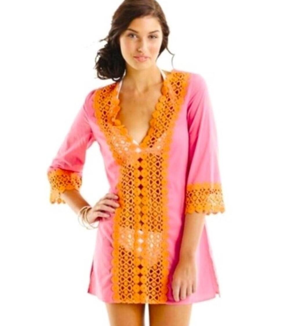 Mud Pie Pink Orange Crochet Boho Swim Cover Up‎ Tunic Size Large